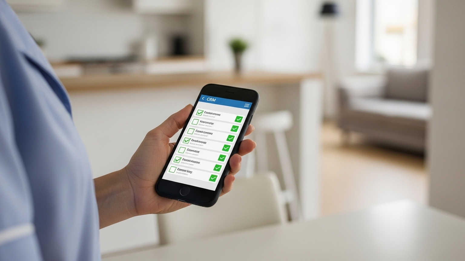 Крупный план: рука профессиональной горничной в светлой форме держит смартфон, на экране которого открыто мобильное приложение CRM с чек-листом (видны пункты с зелеными галочками). На заднем плане — размытый, но узнаваемый интерьер стильной кухни-гостиной. Фокус на экране телефона и безупречной чистоте поверхности стола рядом. Освещение естественное, дневное. Стиль — современный деловой репортаж.