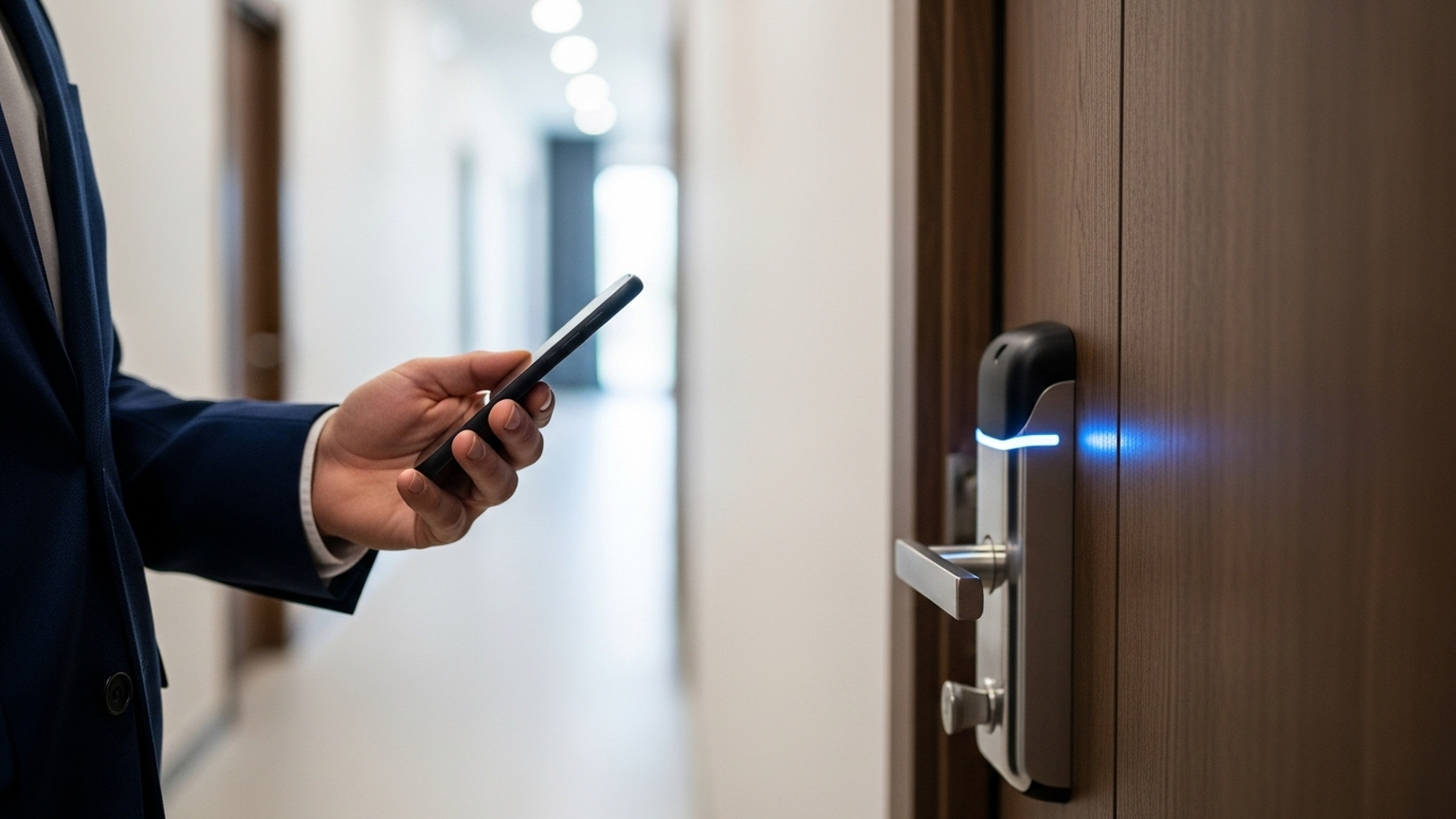 Крупный план руки гостя в деловом костюме, которая подносит смартфон к стильной электронной дверной ручке со световым индикатором. Дверь апартаментов выполнена из качественного темного дерева. В расфокусе виден светлый коридор современной новостройки в ЦАО. Освещение мягкое, подчеркивающее премиальность и технологичность процесса заселения.