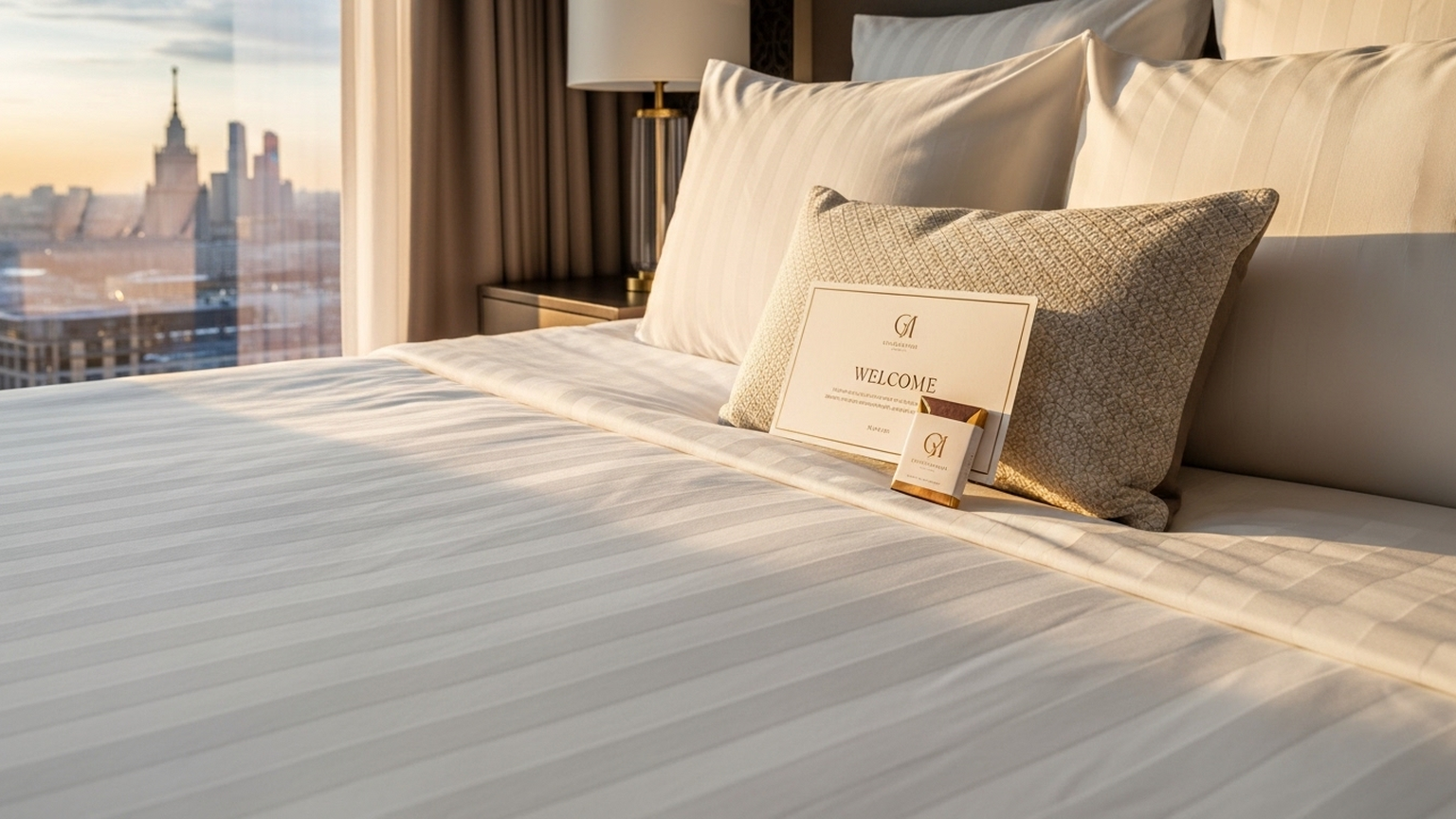 Эстетичный кадр заправленной кровати в апартаментах: белоснежное белье с идеальными складками, на декоративной подушке лежит приветственная карточка и небольшая шоколадка с логотипом компании. В окне — мягкий свет заката над Москвой. Кадр передает ощущение отельного сервиса высшего разряда, где важна каждая мелочь.