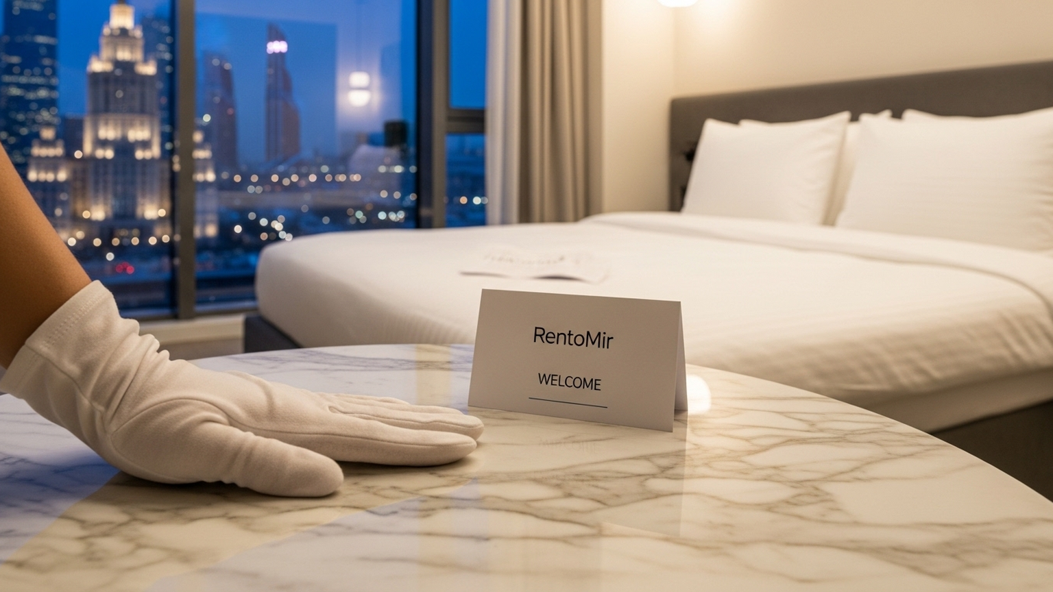 Крупный план: рука в белой перчатке проводит по поверхности стильного мраморного стола в апартаментах. На фоне — идеально заправленная кровать с белоснежным бельем и приветственной карточкой 'Рентомир'. Сквозь панорамное окно видна вечерняя Москва (высотки или сталинская архитектура). Освещение мягкое, теплое, подчеркивающее премиальность интерьера. Атмосфера абсолютной стерильности и уюта.
