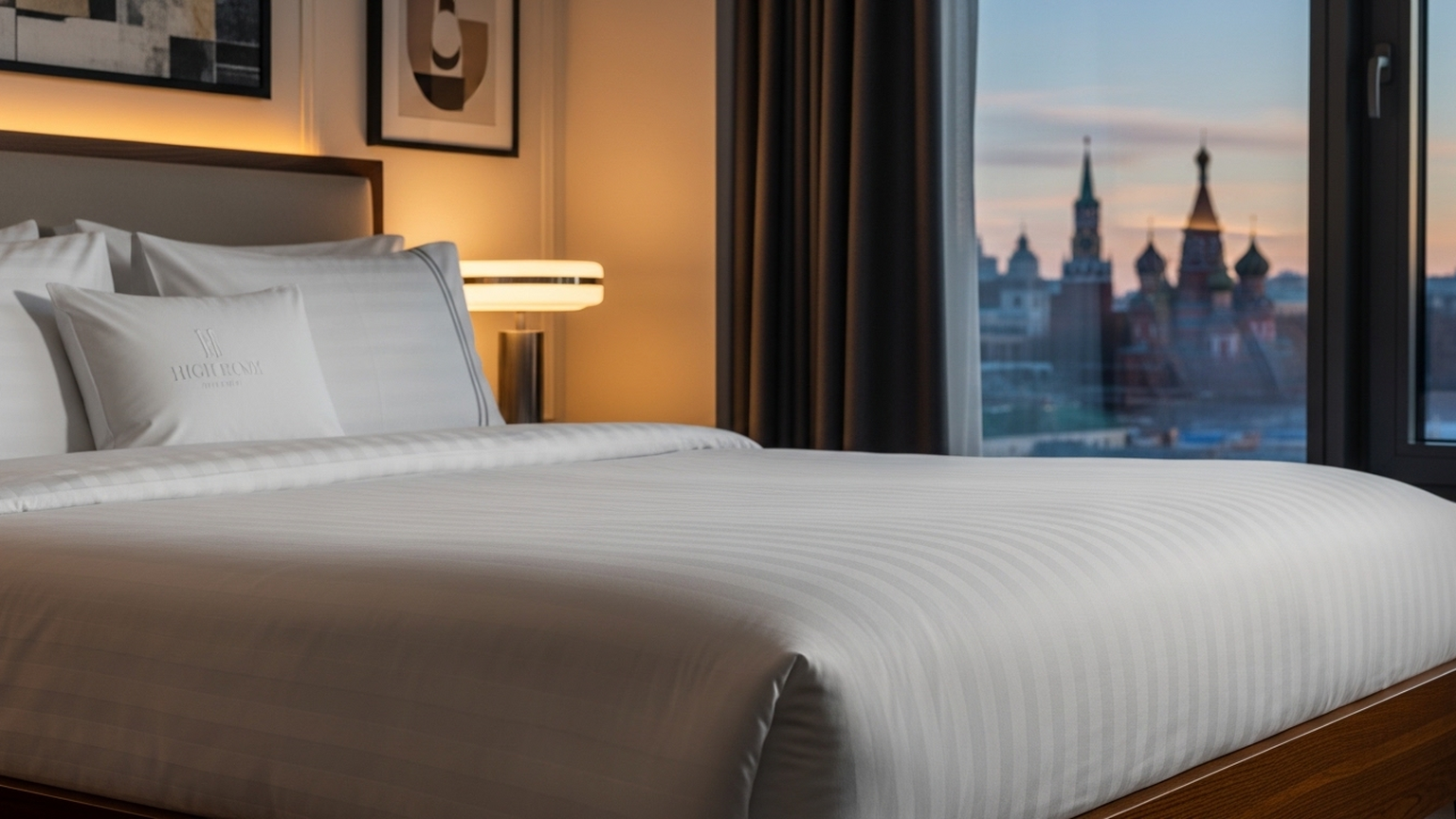 No text labels Крупный план безупречно заправленной кровати в апартаментах на Арбате. Белоснежное белье высокого качества. На заднем плане — стильный интерьер и вид из окна на историческую Москву. Освещение мягкое, вечернее. Mood: отельный сервис премиум-класса, идеальная чистота. no text labels