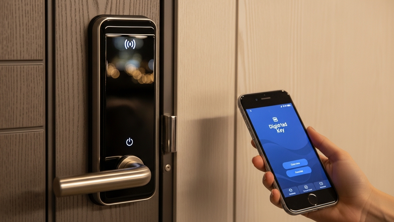 Крупный план современного электронного смарт-замка на стильной двери апартаментов в ЦАО. В отражении глянцевой поверхности замка виден огни ночной Москвы. Рука гостя подносит смартфон к замку, на экране которого отображается интерфейс цифрового ключа. Минималистичный дизайн, акцент на технологичности, безопасности и бесконтактности. Освещение мягкое, подчеркивающее премиальные материалы отделки двери. No text label. 