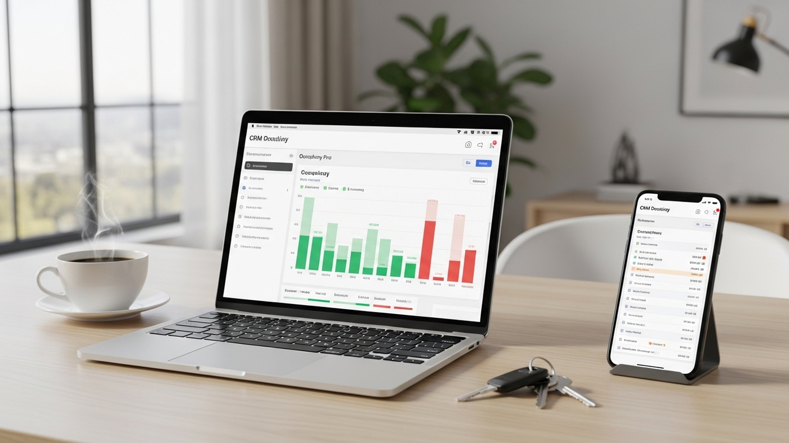 Современное рабочее пространство: на столе MacBook и смартфон, на экранах которых открыты профессиональные дашборды CRM с графиками загрузки и подтвержденными бронированиями. Рядом — чашка кофе и ключи от апартаментов. Стиль 'бизнес-лайфстайл', фокус на автоматизации и удаленном контроле.