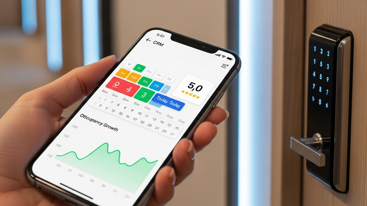 Крупный план руки, держащей современный смартфон. На экране открыто приложение CRM с четким, интуитивно понятным дашбордом: зеленые графики роста загрузки, календарь, заполненный бронированиями, и иконка 'Рейтинг 5.0'. На заднем плане — размытый, стильный интерьер прихожей с установленным электронным смарт-замком на двери. Освещение технологичное, современное.